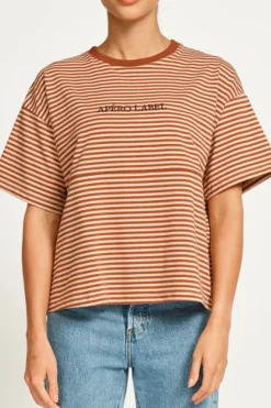 Apero Vintage Drop Shoulder Cropped Tee - Brown/Tan Stripe
