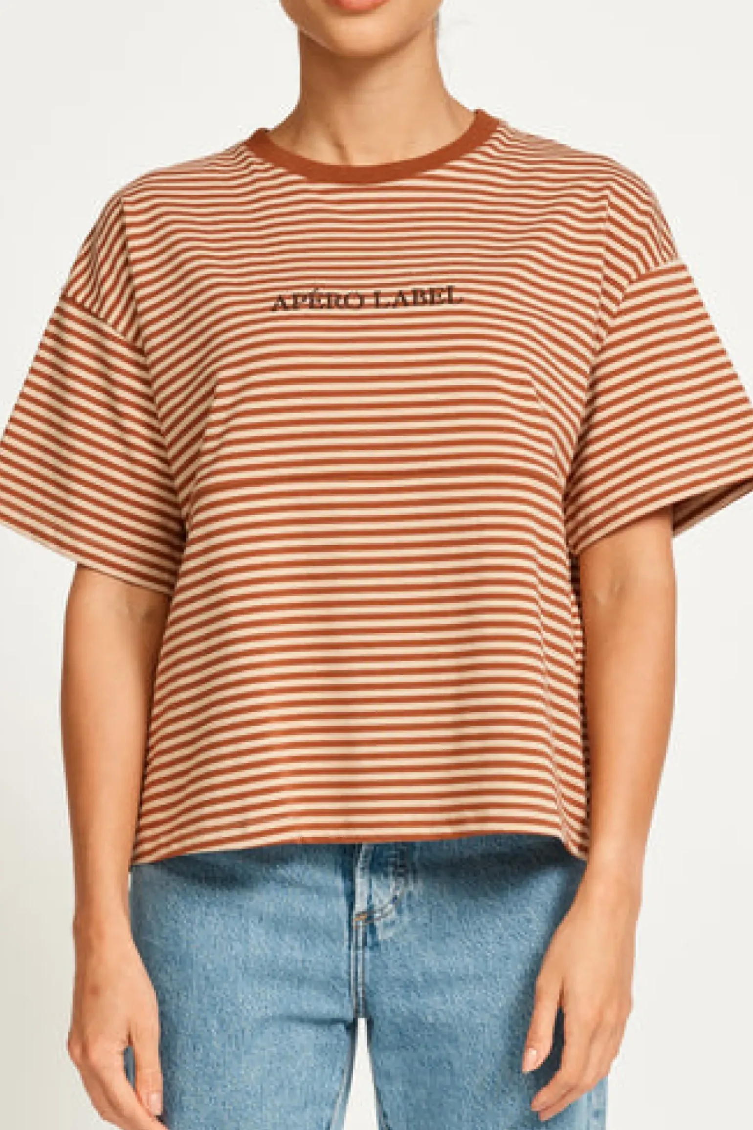 Apero Vintage Drop Shoulder Cropped Tee - Brown/Tan Stripe
