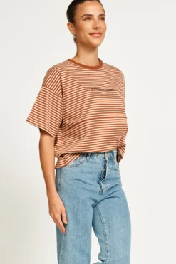Apero Vintage Drop Shoulder Cropped Tee - Brown/Tan Stripe