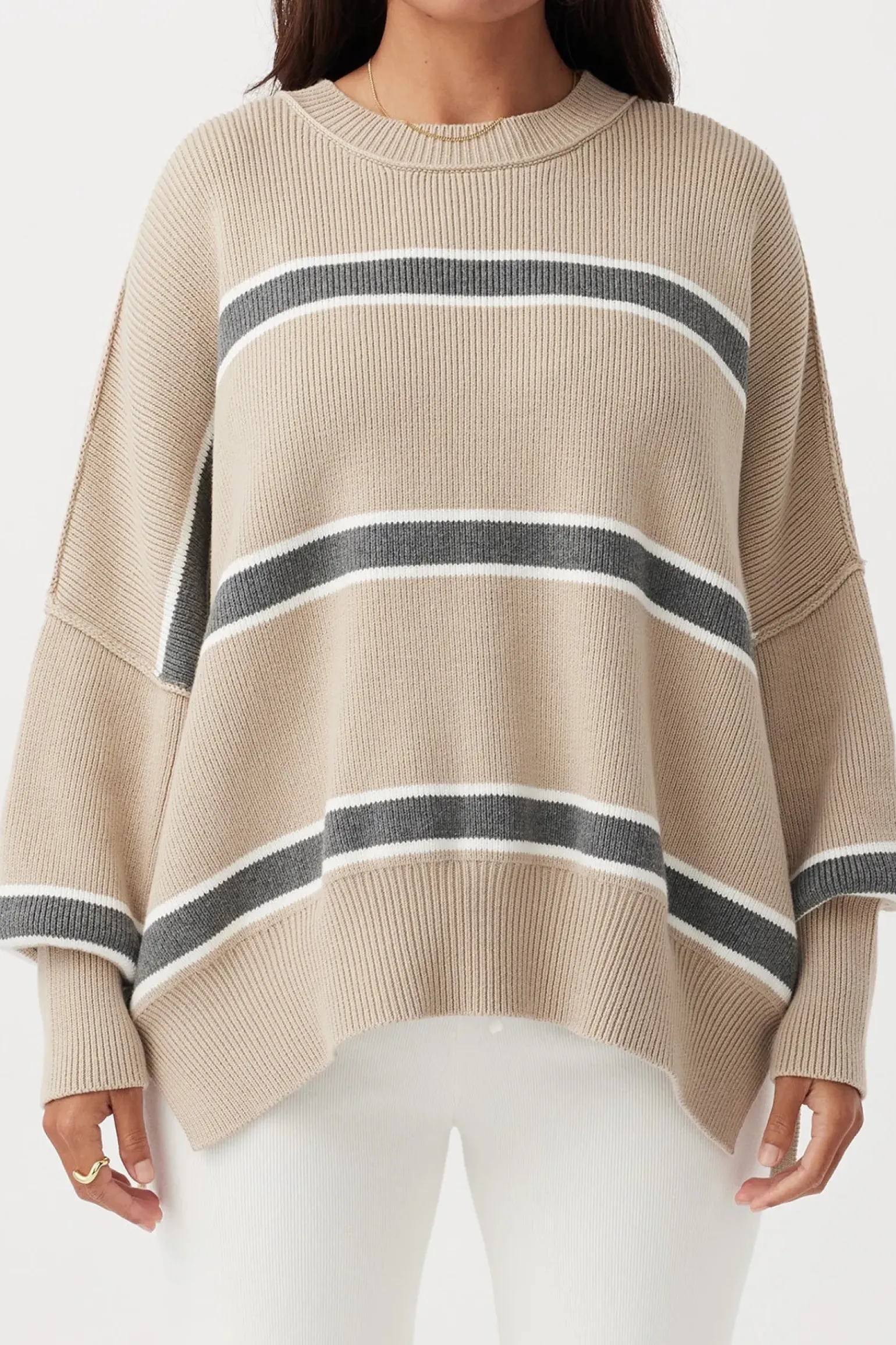 ARCAA Harper Stripe Sweater - Taupe, Cream & Dark Grey Marle