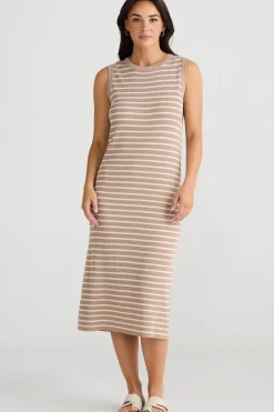 Brave & True Squad Dress - Taupe With Ecru Stripe