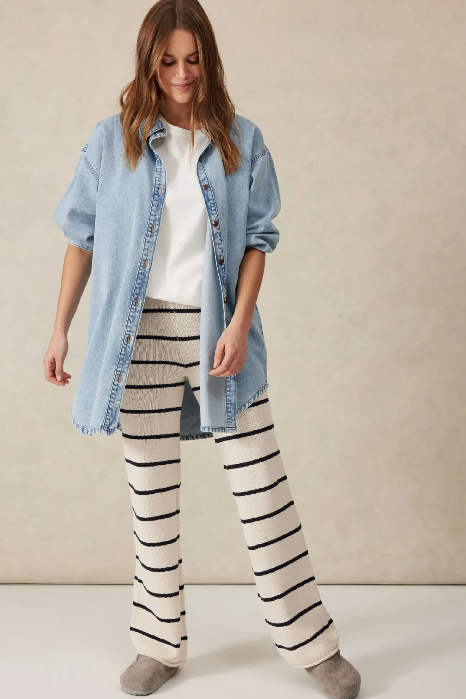 Ceres Life Bootleg Knit Pant - Ecru/Navy Stripe