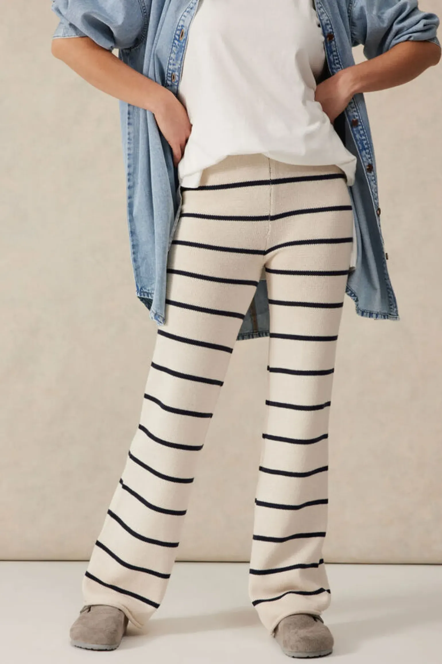 Ceres Life Bootleg Knit Pant - Ecru/Navy Stripe