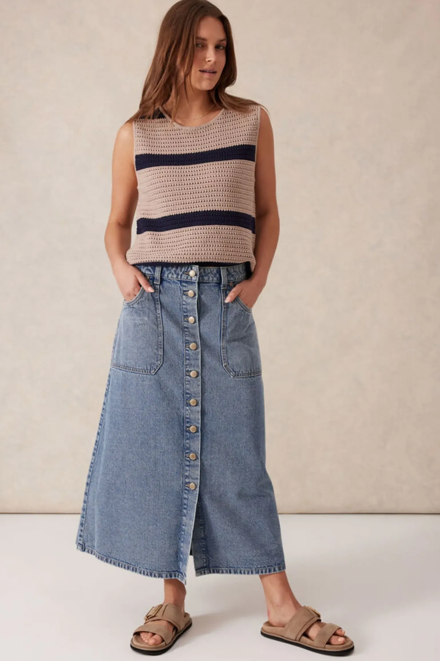 Ceres Life Button Through Denim Midi Skirt - Mid Vintage Blue