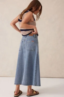 Ceres Life Button Through Denim Midi Skirt - Mid Vintage Blue