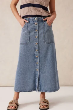 Ceres Life Button Through Denim Midi Skirt - Mid Vintage Blue