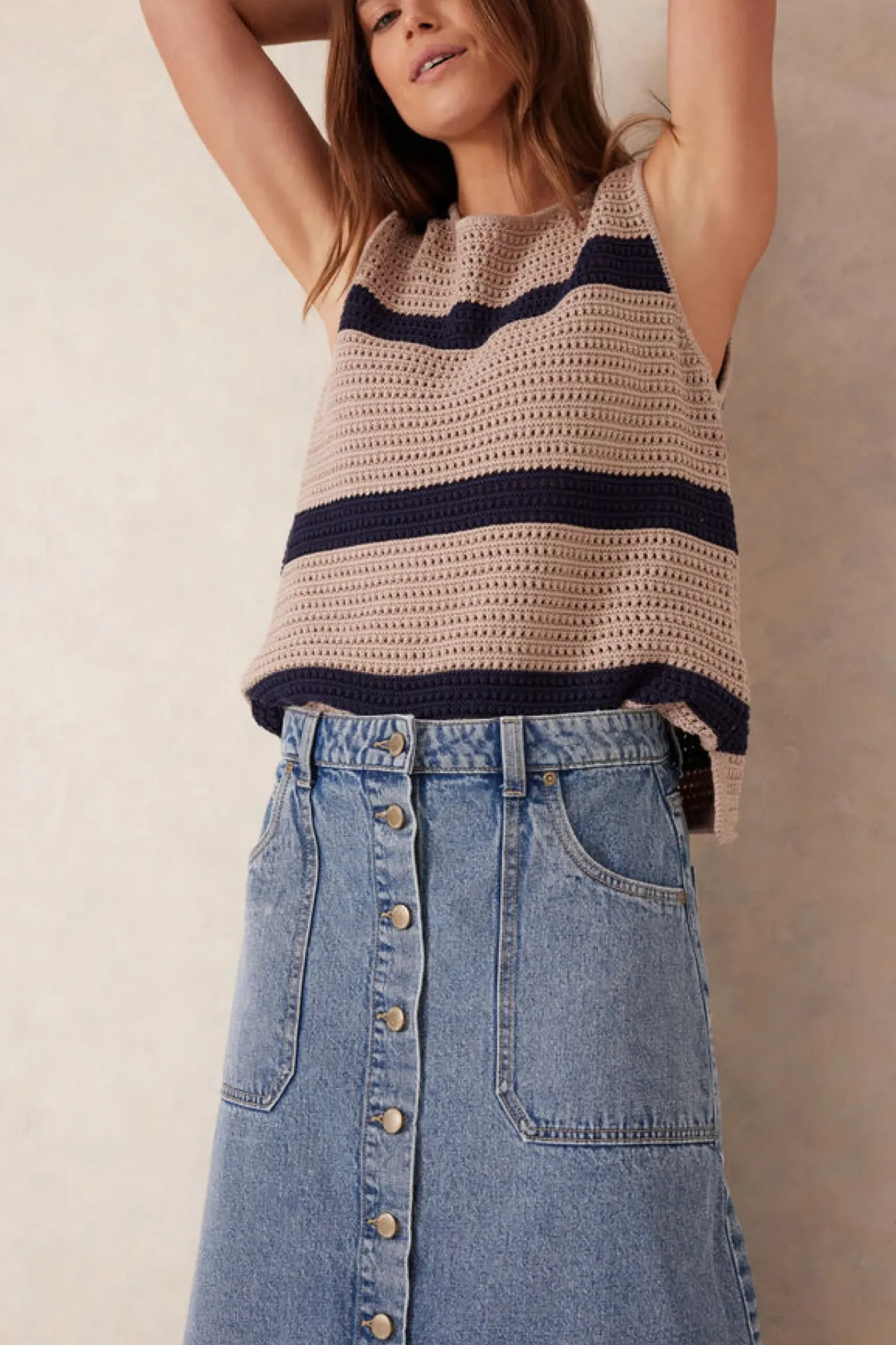 Ceres Life Button Through Denim Midi Skirt - Mid Vintage Blue