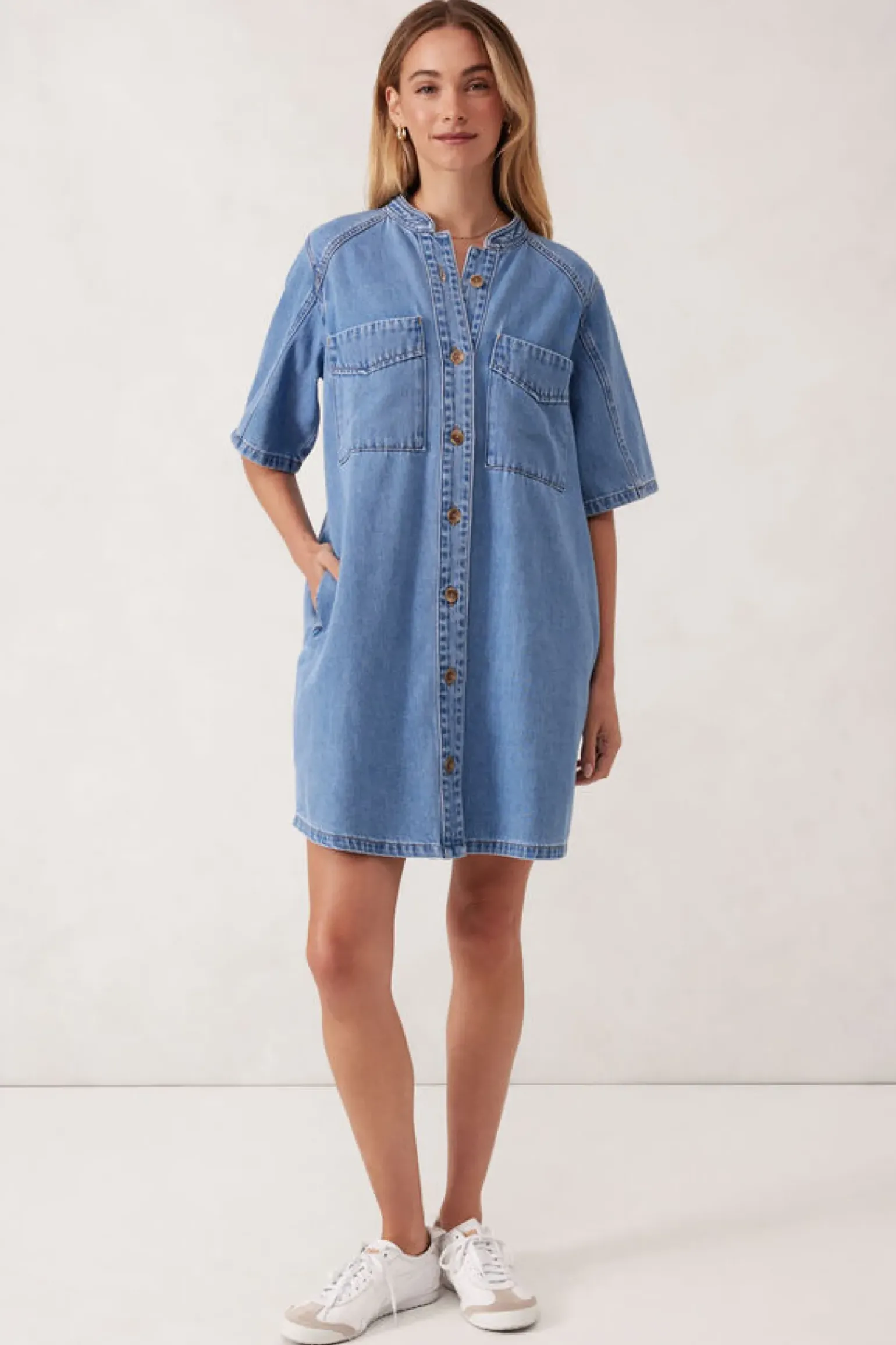 Ceres Life Collarless Relaxed Short Sleeve Denim Dress - Vintage Blue