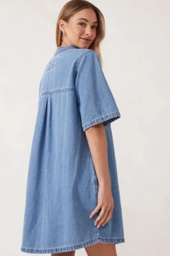 Ceres Life Collarless Relaxed Short Sleeve Denim Dress - Vintage Blue