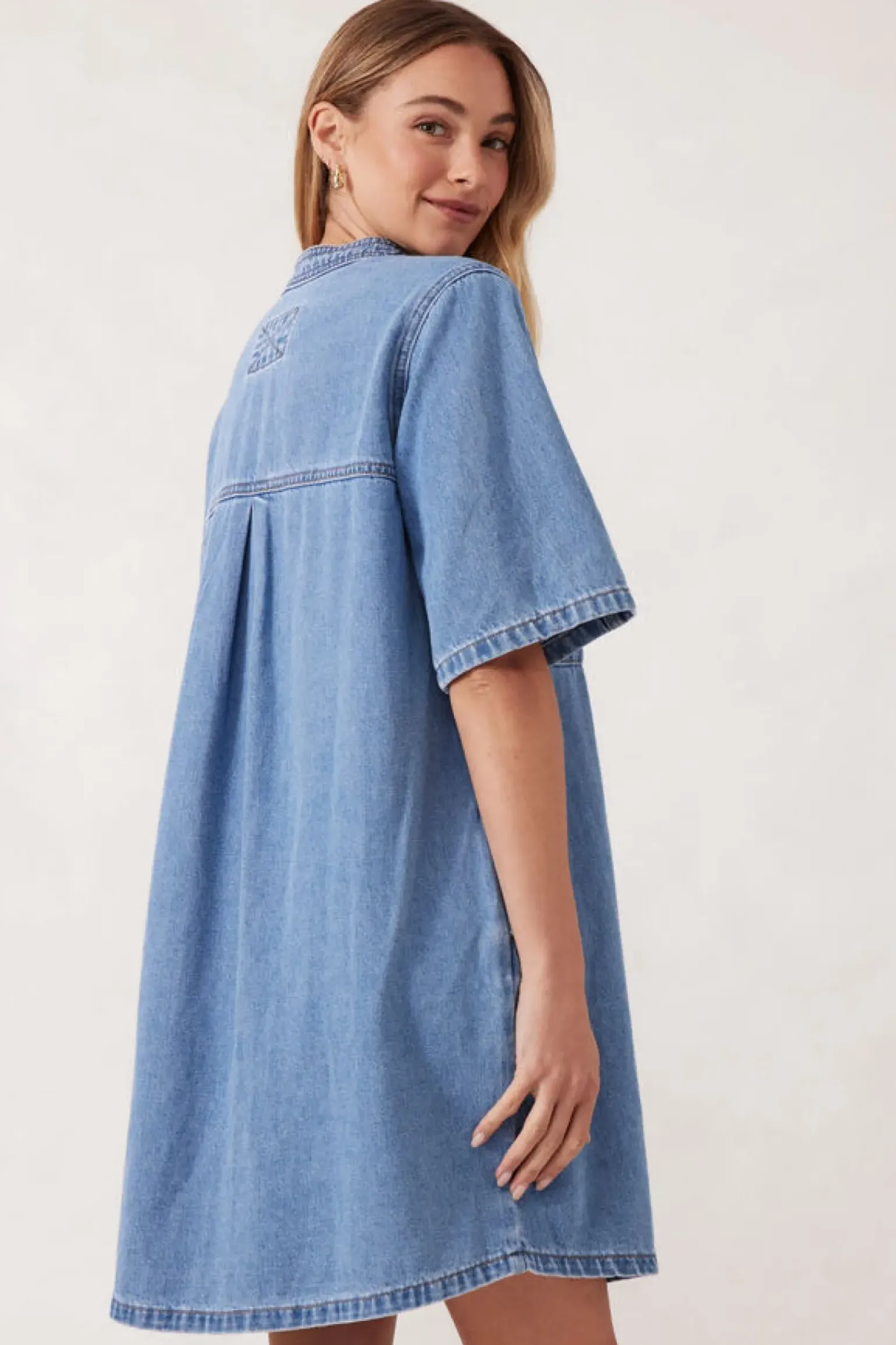 Ceres Life Collarless Relaxed Short Sleeve Denim Dress - Vintage Blue