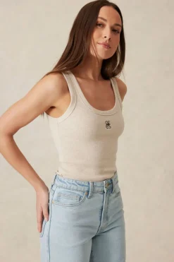 Ceres Life Contour Rib Scoop Tank - Oatmeal/Black Monogram Embroidery