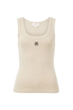 Ceres Life Contour Rib Scoop Tank - Oatmeal/Black Monogram Embroidery