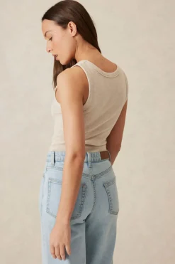 Ceres Life Contour Rib Scoop Tank - Oatmeal/Black Monogram Embroidery