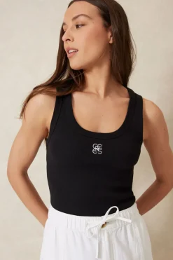 Ceres Life Contour Rib Scoop Tank - Black/White Monogram Embroidery