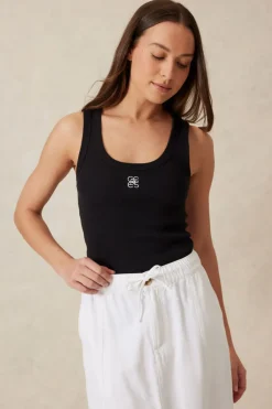 Ceres Life Contour Rib Scoop Tank - Black/White Monogram Embroidery