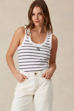 Ceres Life Contour Rib Scoop Tank - White/New Navy Monogram Embroidery