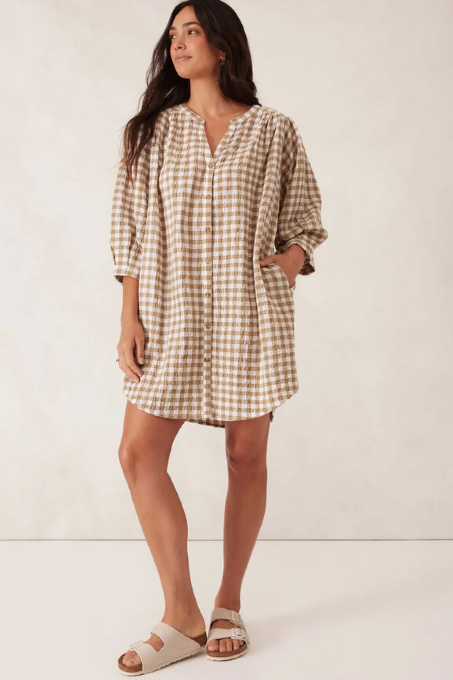 Ceres Life Crinkle Mini Dress - Fig Green/White Gingham