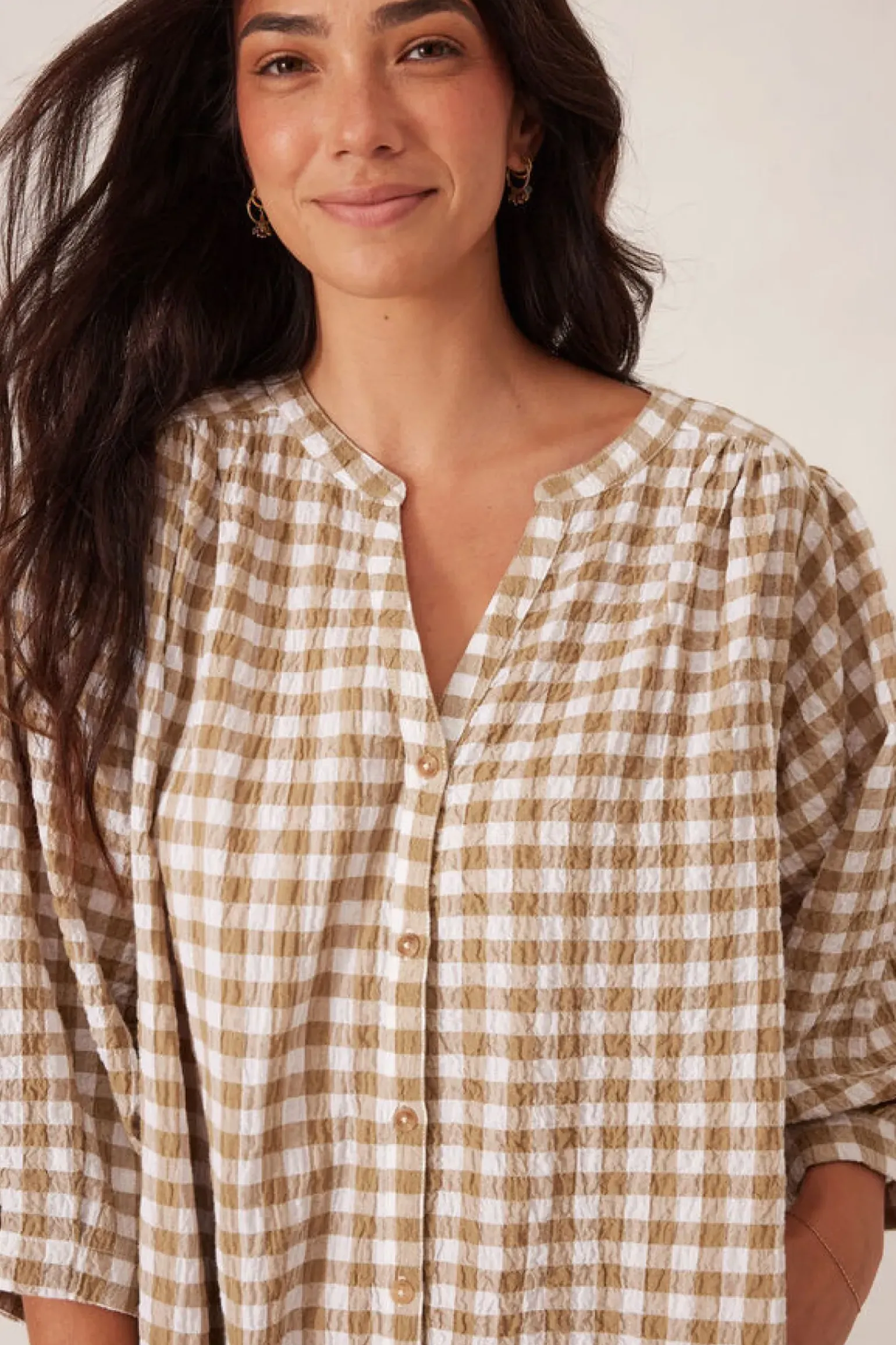 Ceres Life Crinkle Mini Dress - Fig Green/White Gingham