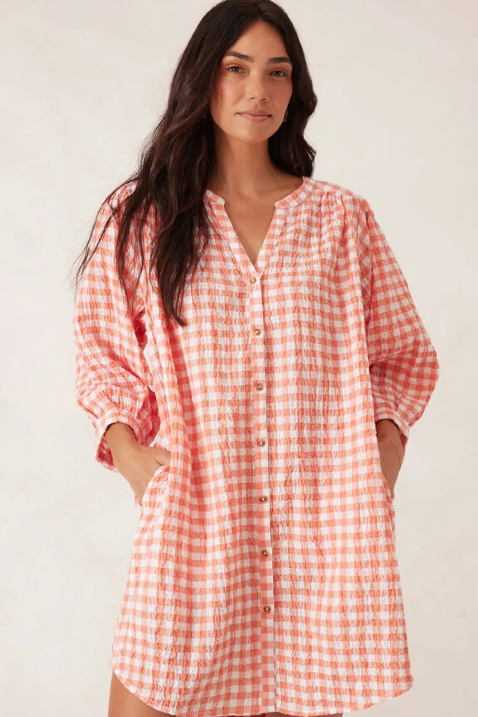 Ceres Life Crinkle Mini Dress - Coral/White Gingham