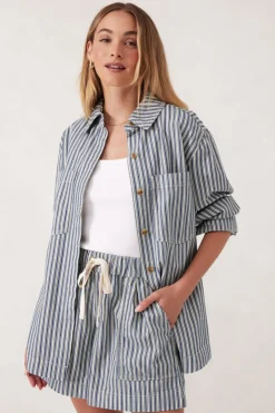 Ceres Life Curved Hem Shacket - Lagoon Blue Stripe