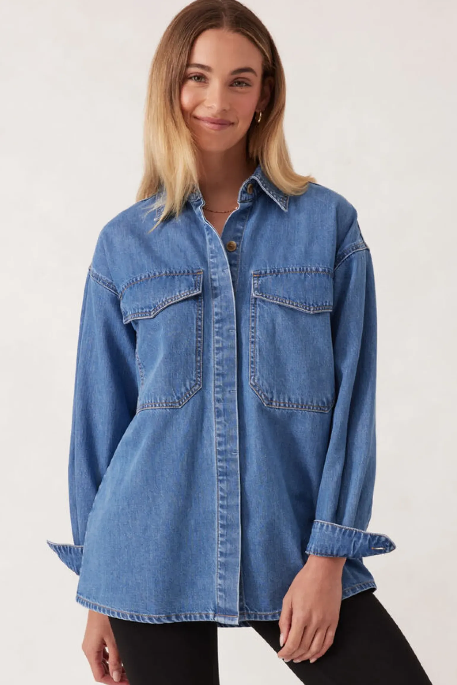 Ceres Life Essentials Denim Shirt- Mid Blue Wash