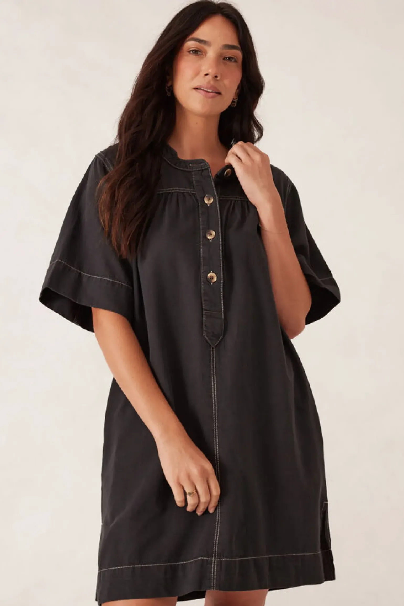 Ceres Life Half Placket Tunic Dress- Black Twill