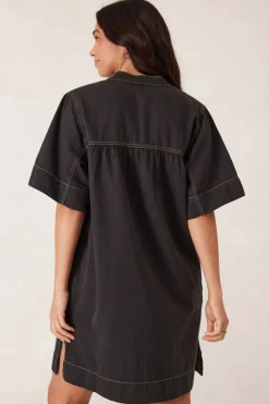Ceres Life Half Placket Tunic Dress- Black Twill