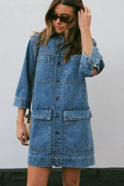 Ceres Life Half Sleeve Boxy Shirt Dress - Fresh Indigo Denim