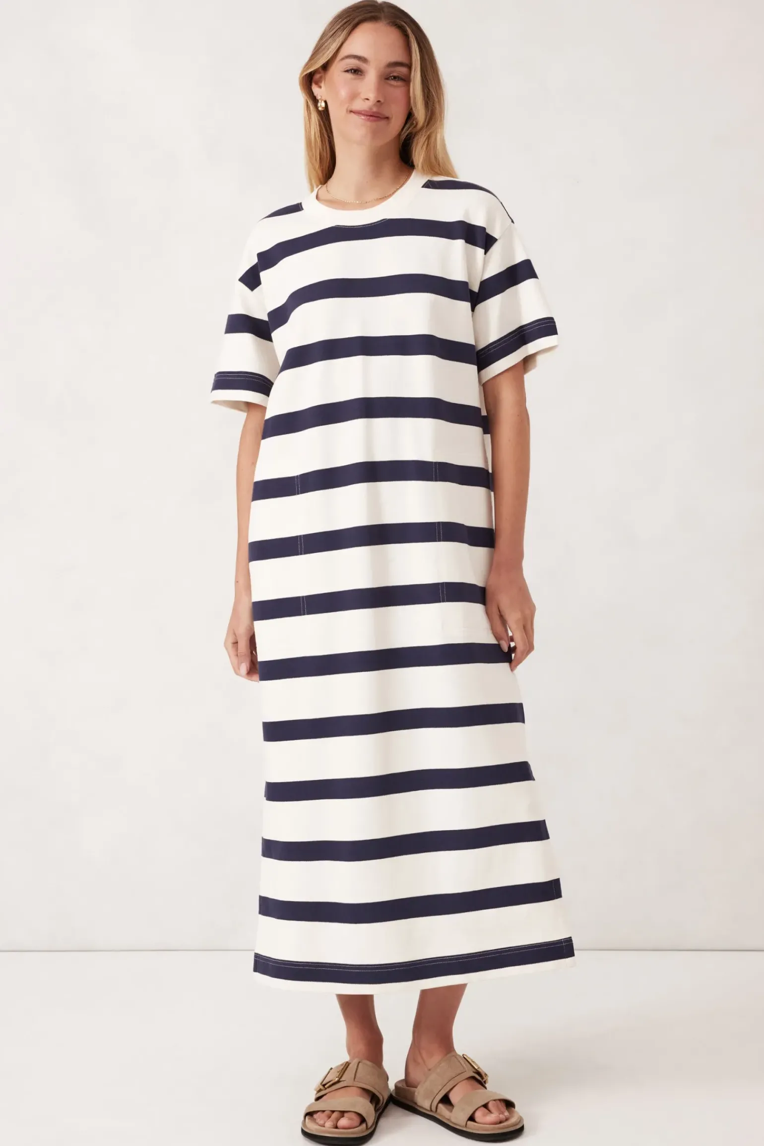 Ceres Life Midi Terry Dress - White Navy Bold Stripe