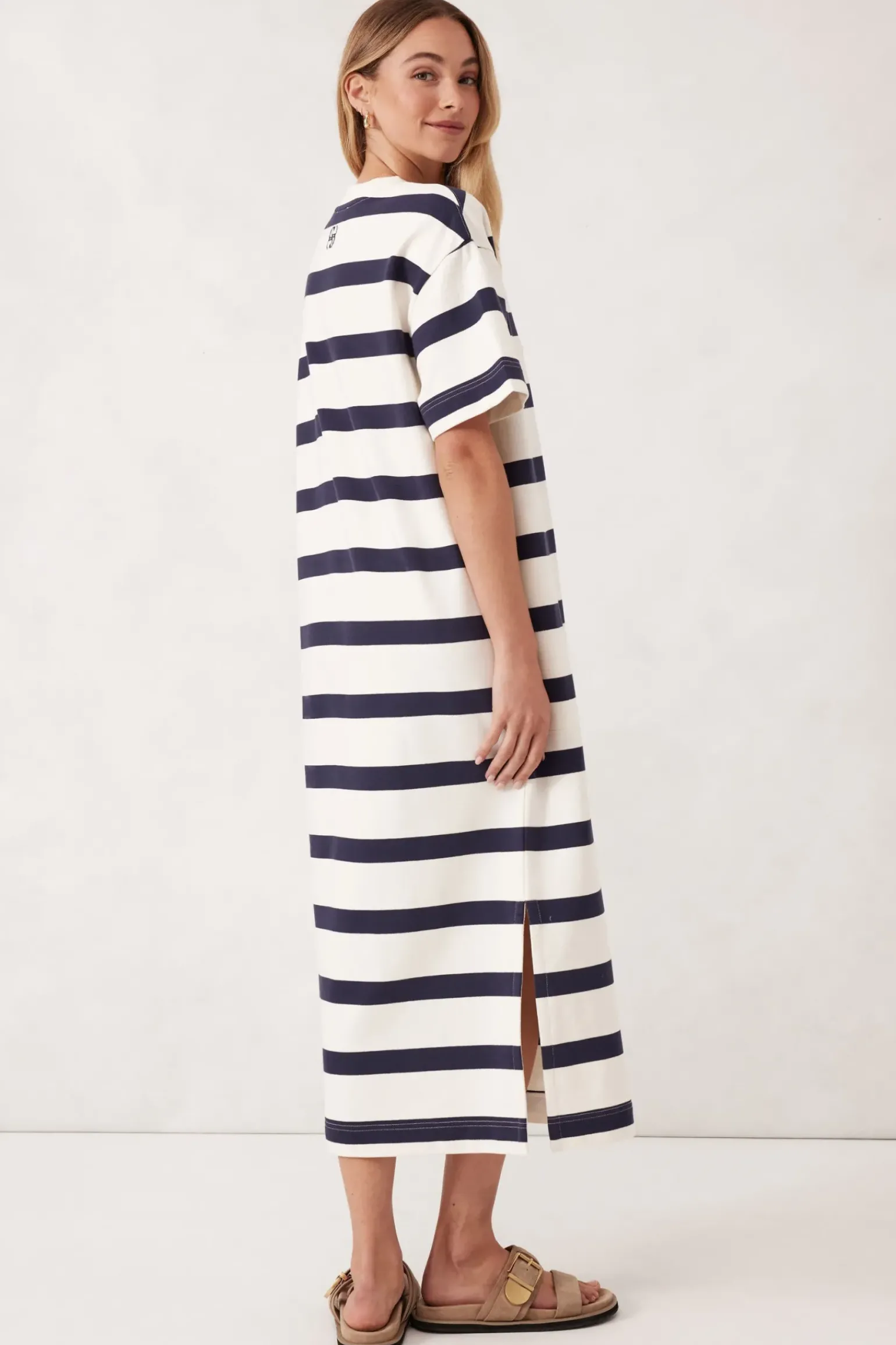 Ceres Life Midi Terry Dress - White Navy Bold Stripe