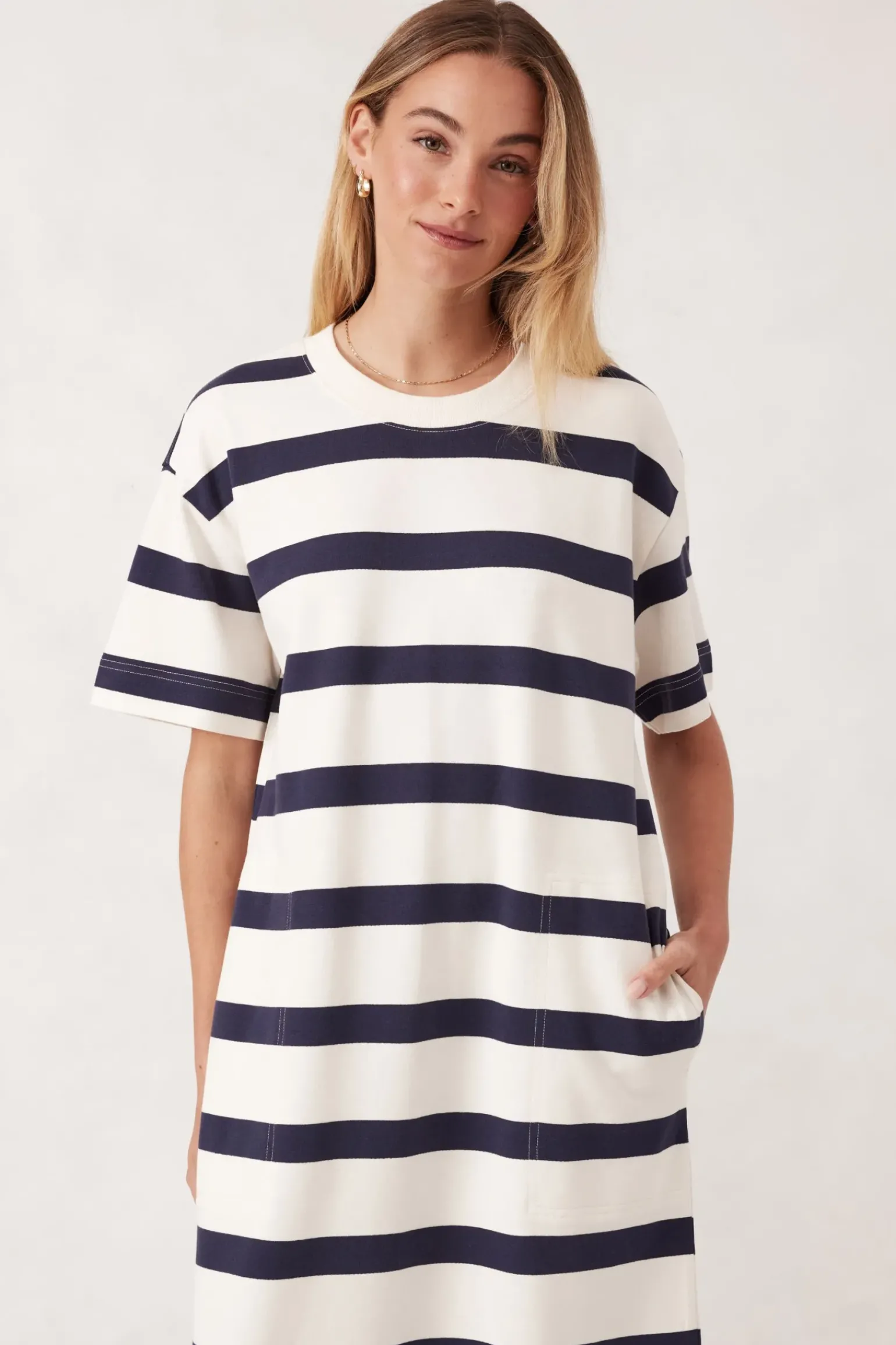 Ceres Life Midi Terry Dress - White Navy Bold Stripe