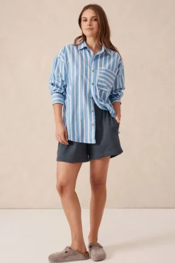 Ceres Life Oversized Organic Cotton Poplin Shirt - Blue White Red Stripe