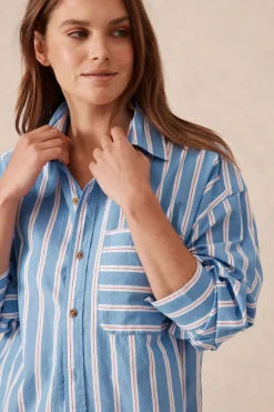 Ceres Life Oversized Organic Cotton Poplin Shirt - Blue White Red Stripe