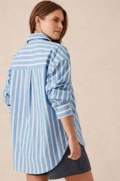 Ceres Life Oversized Organic Cotton Poplin Shirt - Blue White Red Stripe