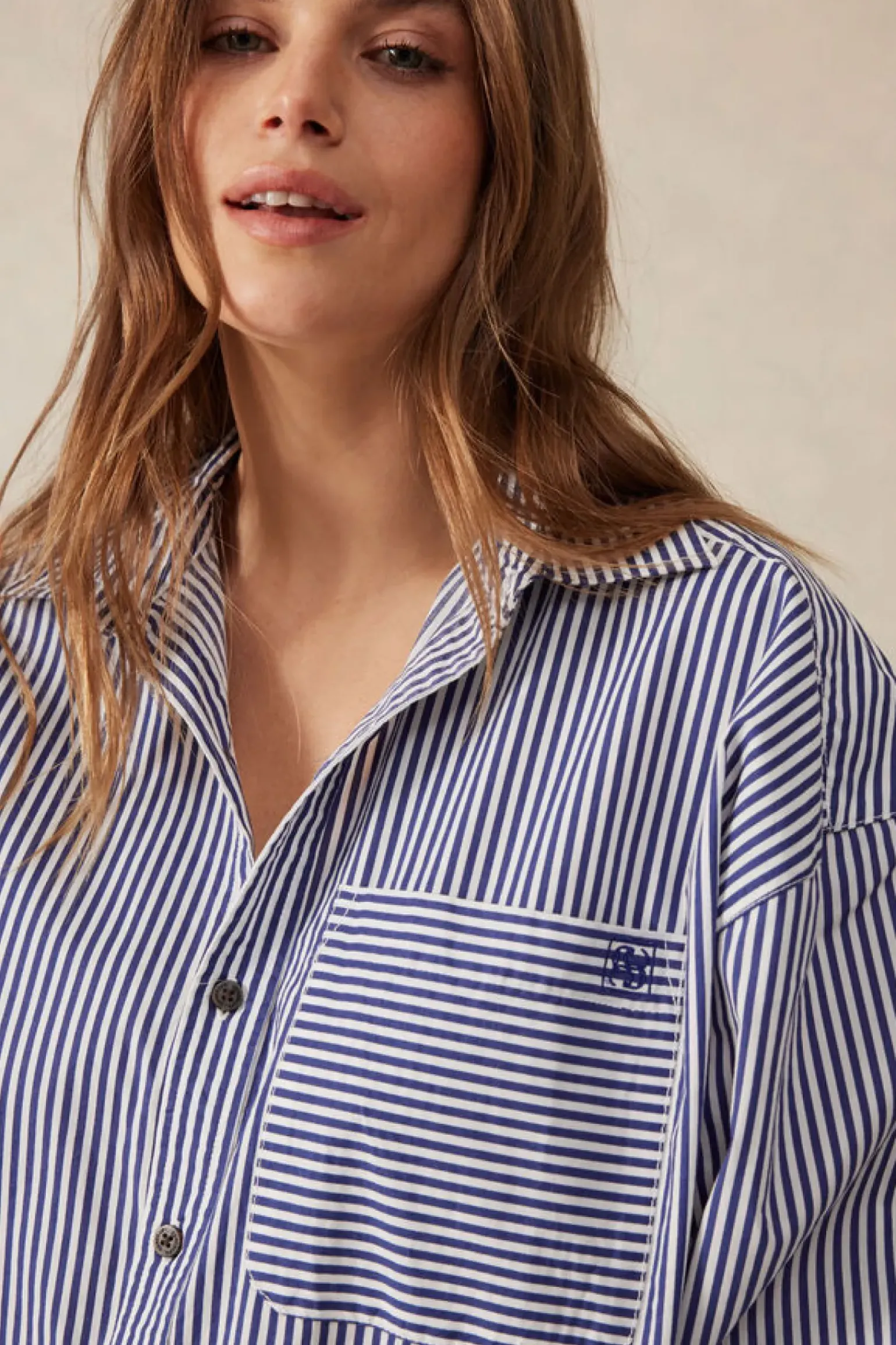 Ceres Life Oversized Organic Cotton Poplin Shirt - College Blue White Narrow Stripe