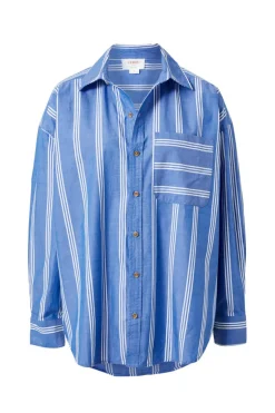 Ceres Life Oversized Organic Cotton Poplin Shirt - Blue White Triple Stripe
