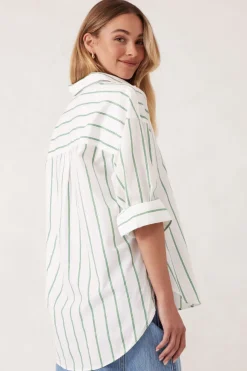 Ceres Life Oversized Poplin Shirt- Grass Fine Twin Stripe