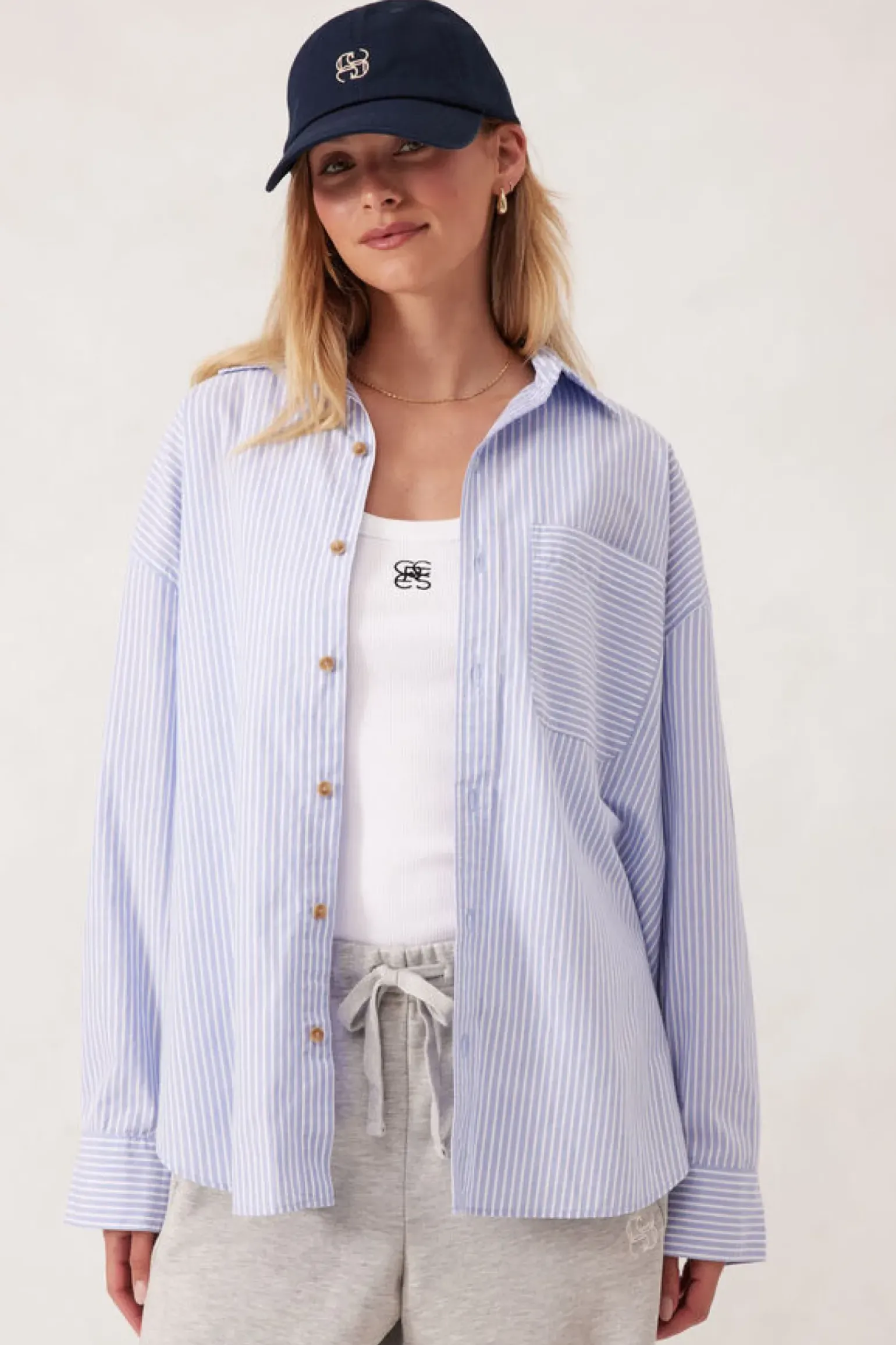 Ceres Life Oversized Poplin Shirt - White Heritage Blue Stripe