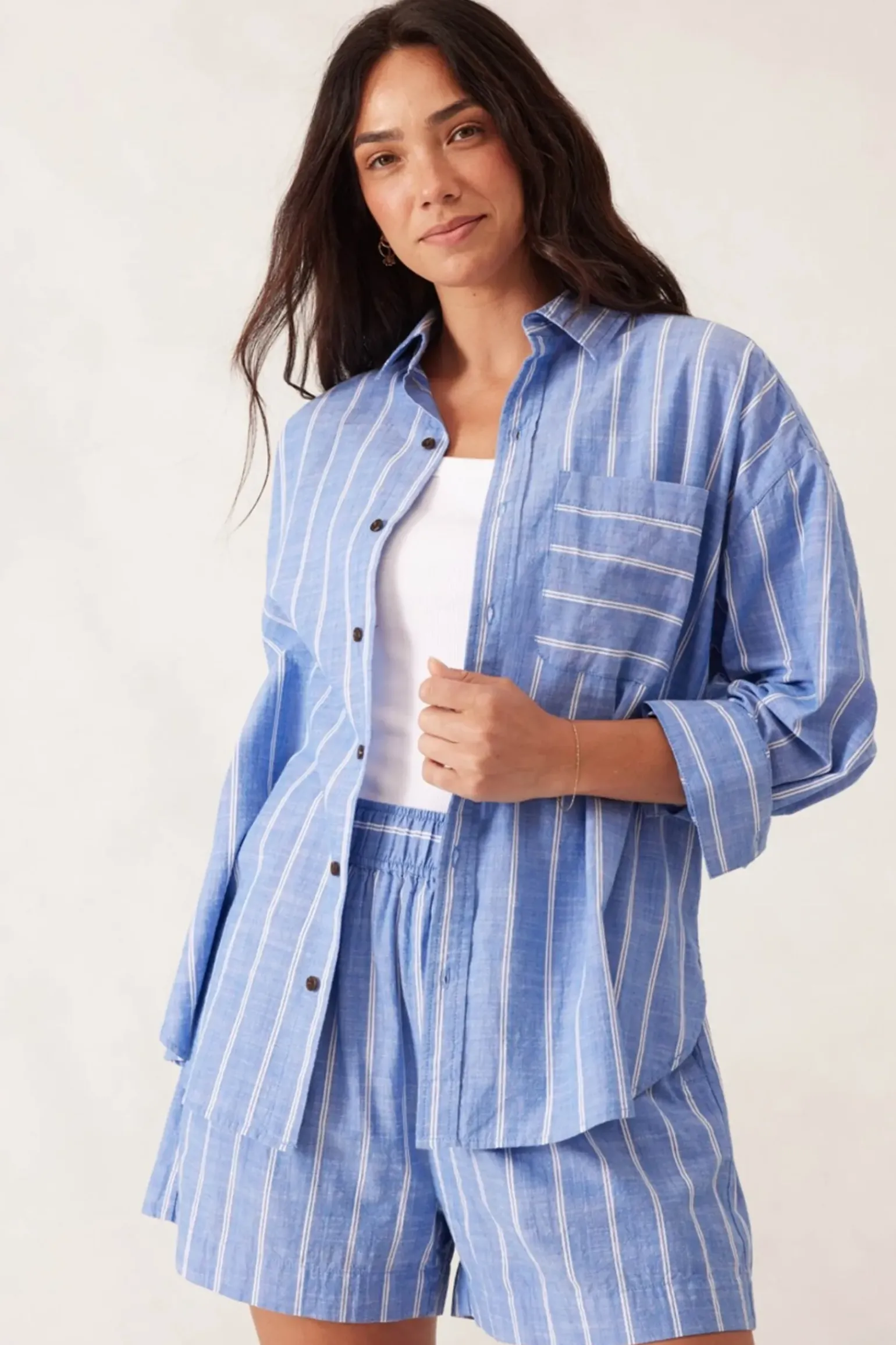 Ceres Life Oversized Poplin Shirt - Oxford Blue White Twin Stripe