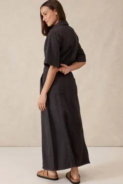 Ceres Life Short Sleeve Denim Midi Shirt Dress - Washed Black Twill