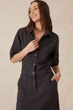 Ceres Life Short Sleeve Denim Midi Shirt Dress - Washed Black Twill