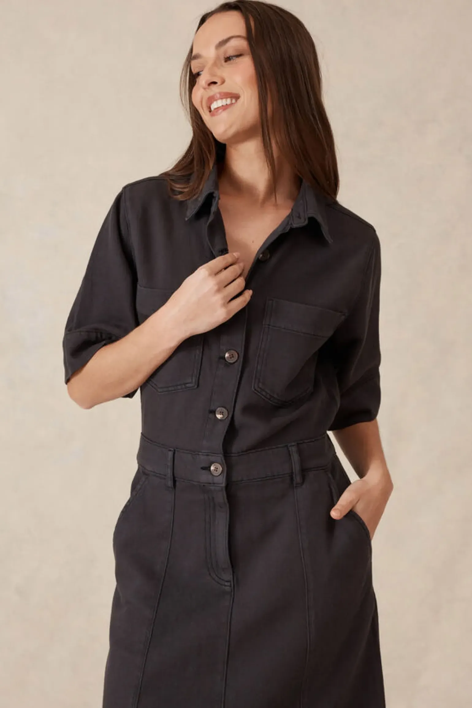 Ceres Life Short Sleeve Denim Midi Shirt Dress - Washed Black Twill