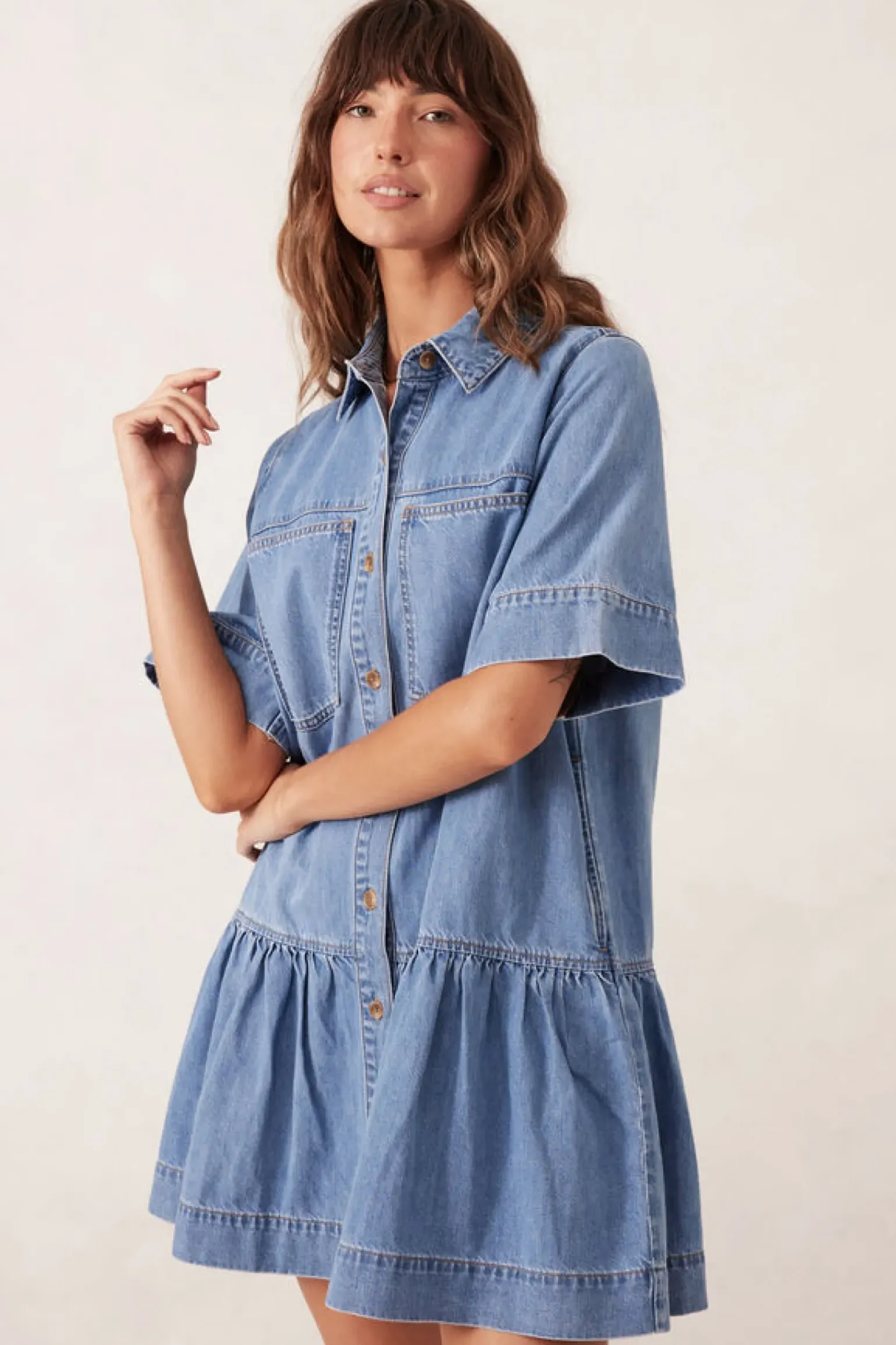 Ceres Life Short Sleeve Tiered Pocket Shirt Dress - Vintage Blue