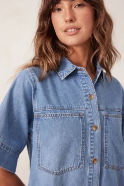 Ceres Life Short Sleeve Tiered Pocket Shirt Dress - Vintage Blue