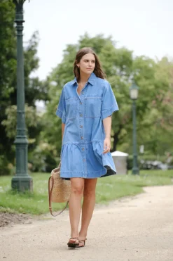 Ceres Life Short Sleeve Tiered Pocket Shirt Dress - Vintage Blue