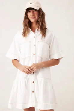 Ceres Life Short Sleeve Tiered Pocket Shirt Dress - Fresh Ecru