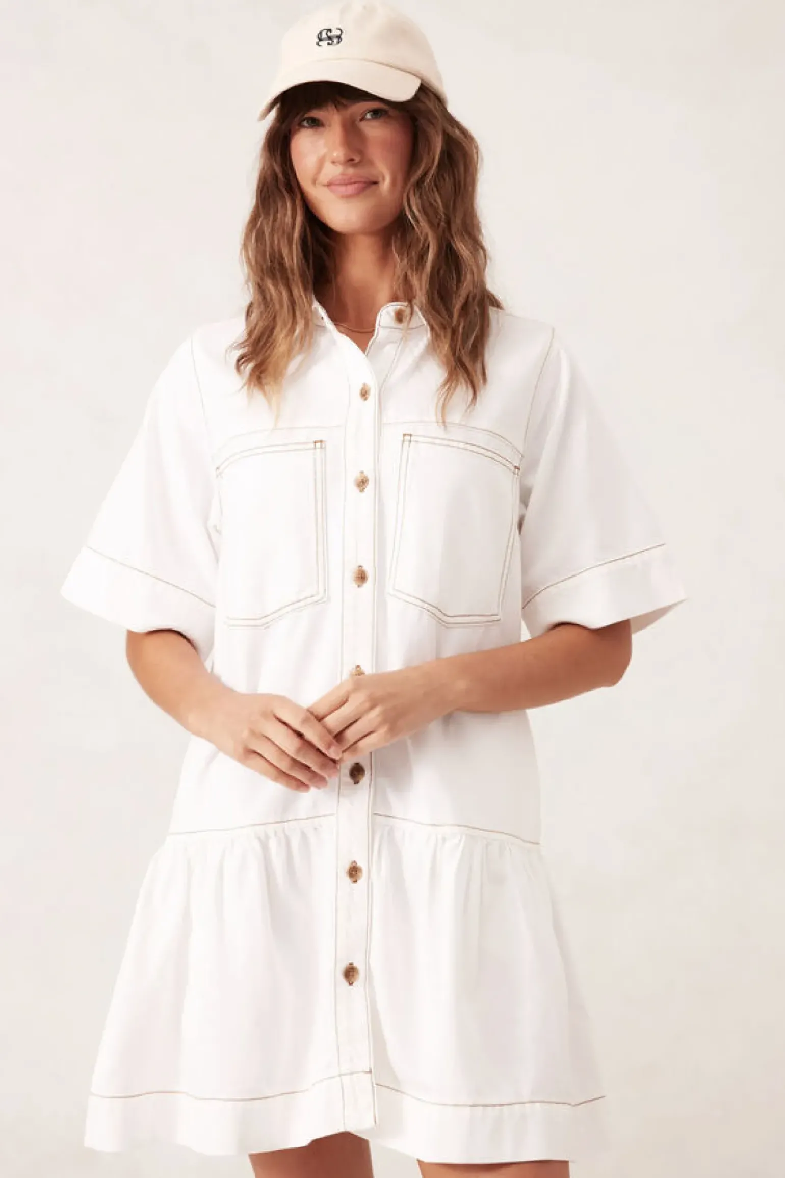 Ceres Life Short Sleeve Tiered Pocket Shirt Dress - Fresh Ecru