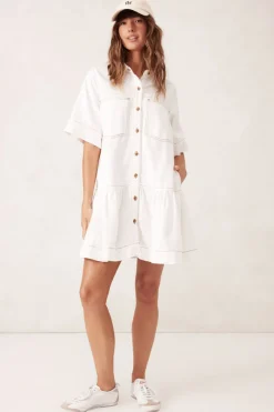 Ceres Life Short Sleeve Tiered Pocket Shirt Dress - Fresh Ecru