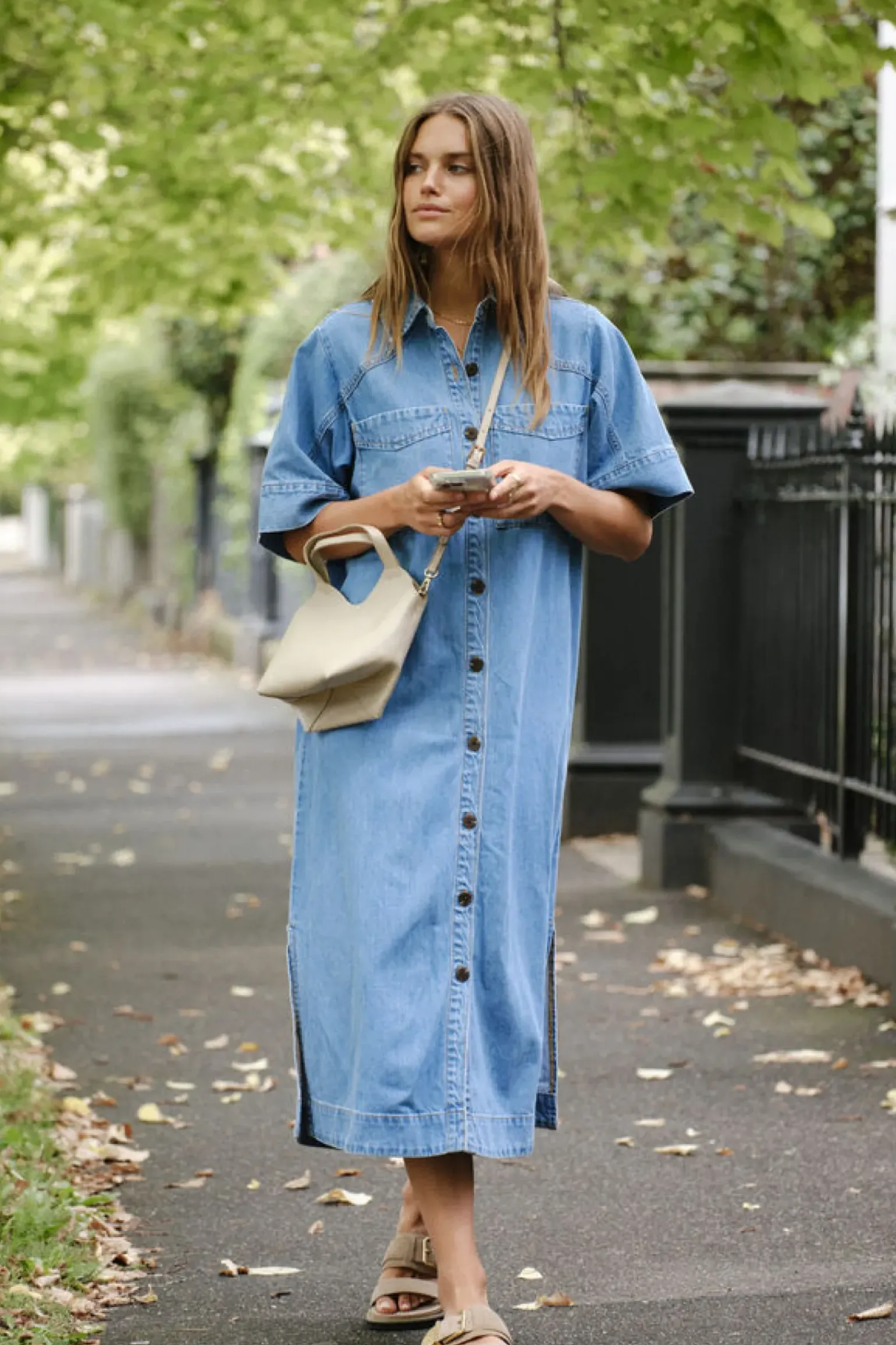 Ceres Life Short Sleeve Yoke Detail Midi Dress - Vintage Blue