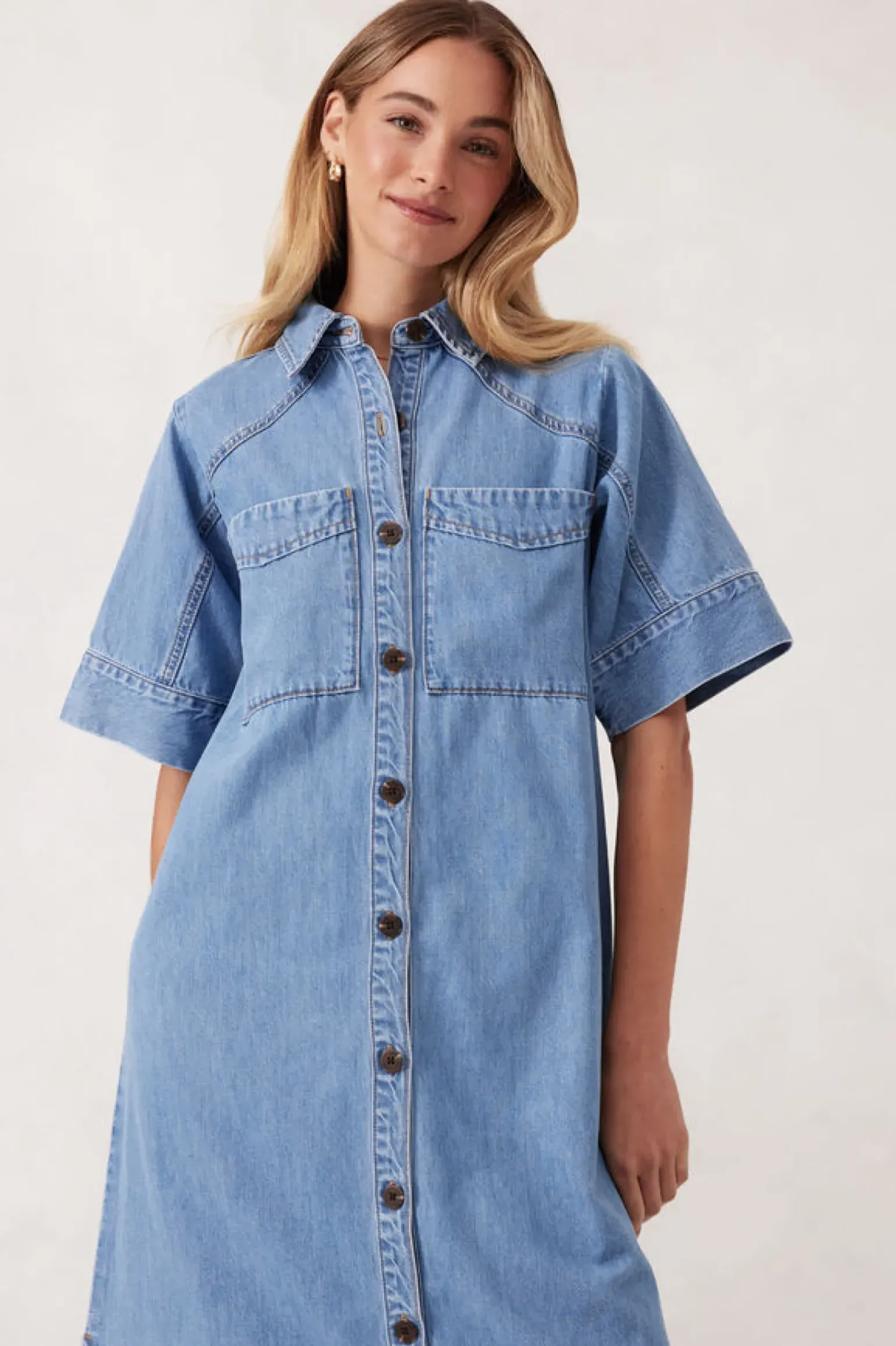 Ceres Life Short Sleeve Yoke Detail Midi Dress - Vintage Blue